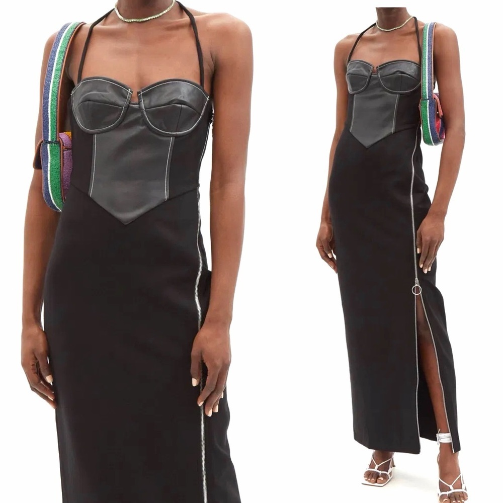 STAUD Hindley Faux Leather Corset Halter Neck Exposed Zipper Black Midi Dress - Picture 5 of 16